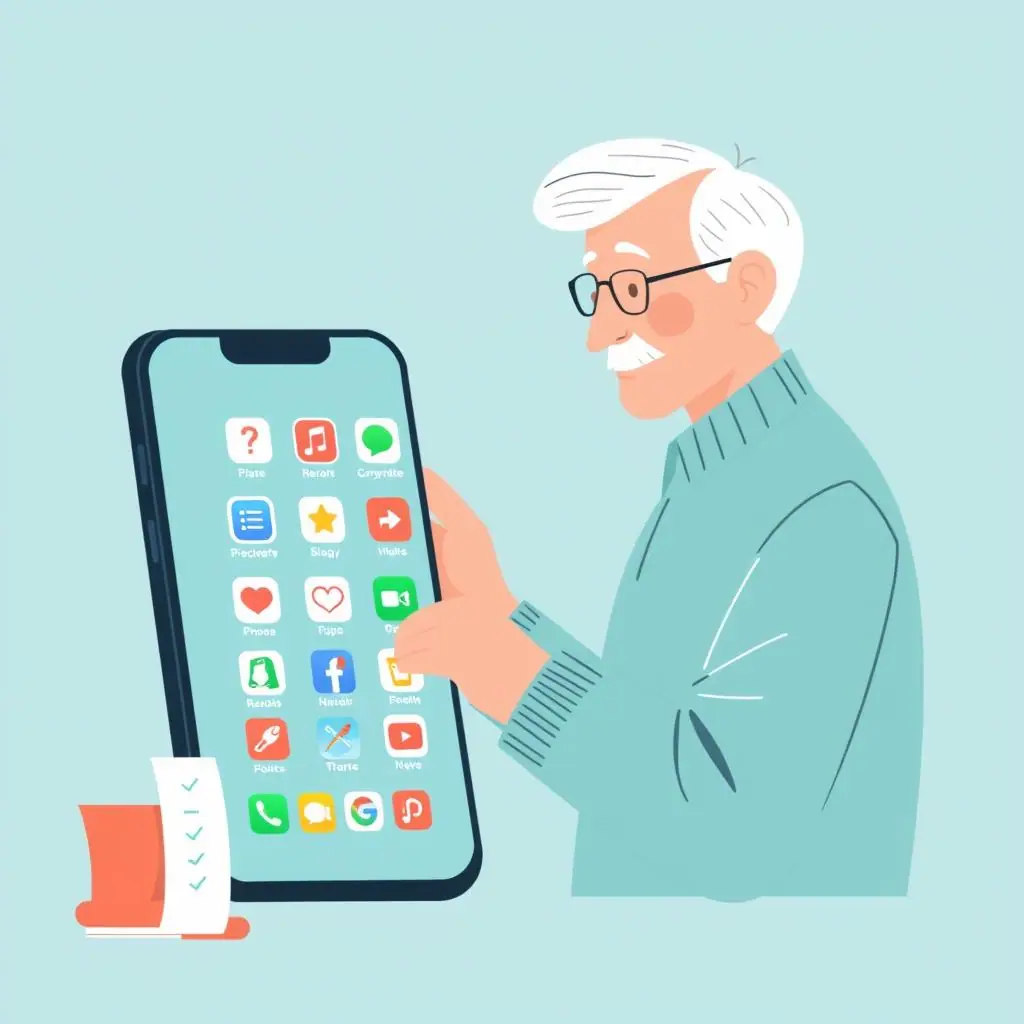 Older adult reviewing unused smartphone apps with a simple privacy checklist