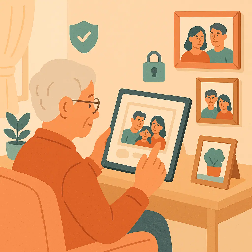 Older adult reviewing family photo privacy settings on a tablet