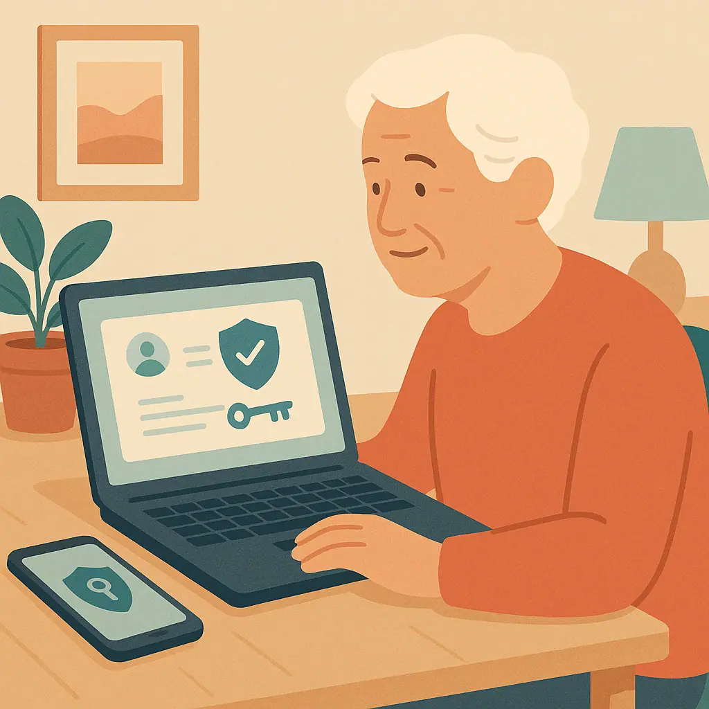 Older adult calmly reviewing account security on a laptop with a phone nearby