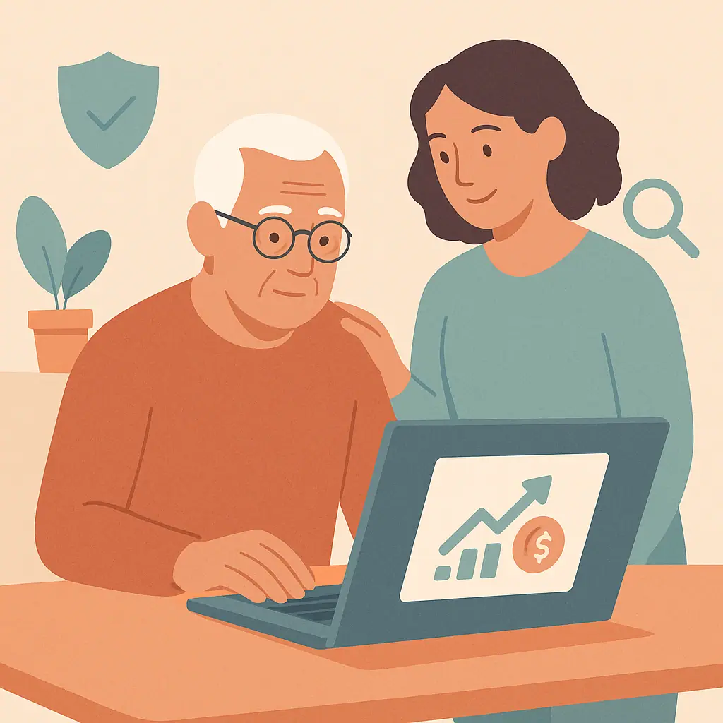 Older adult calmly reviewing an online investment offer with a trusted person nearby