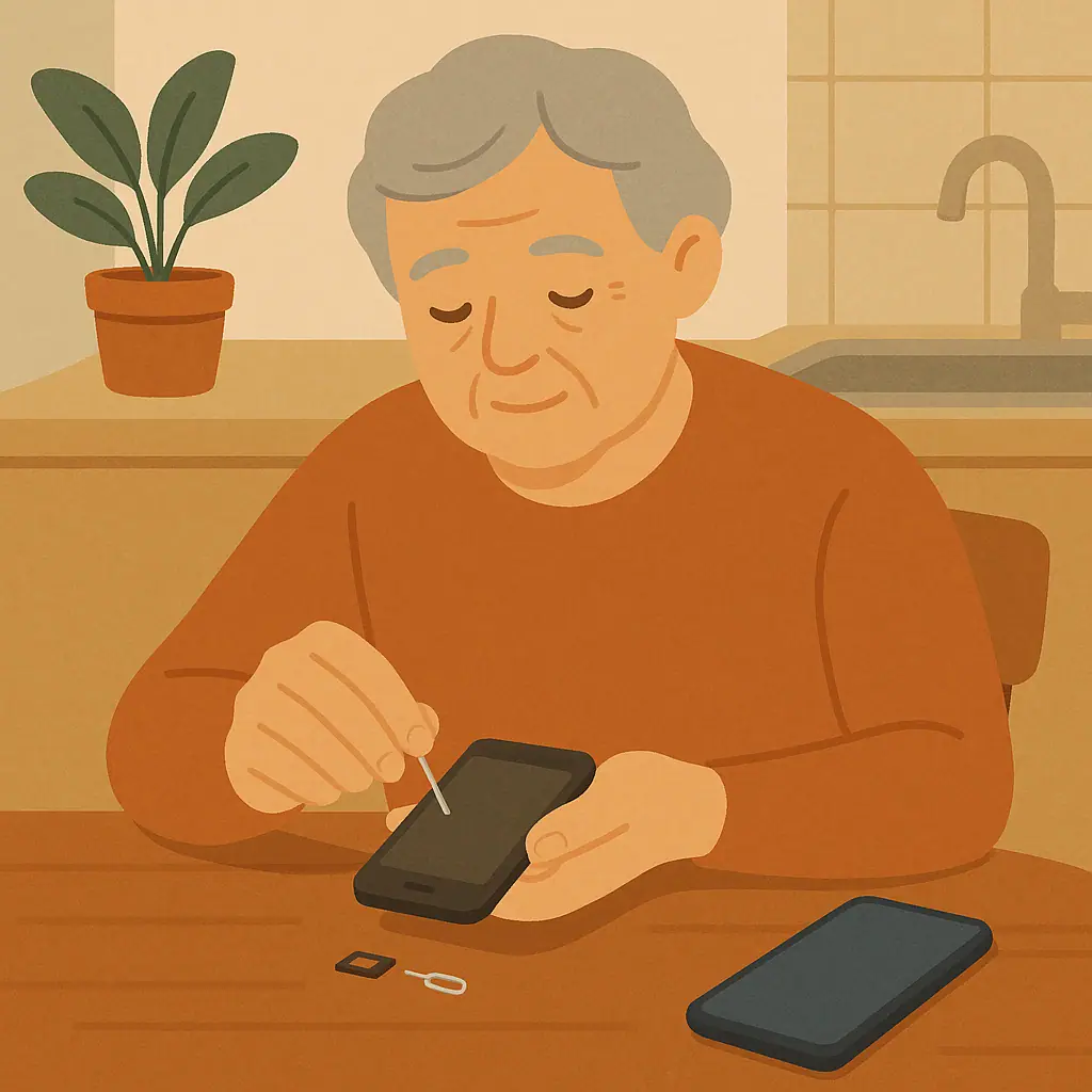 Older adult calmly preparing an old smartphone for sale after backing up and erasing personal data.