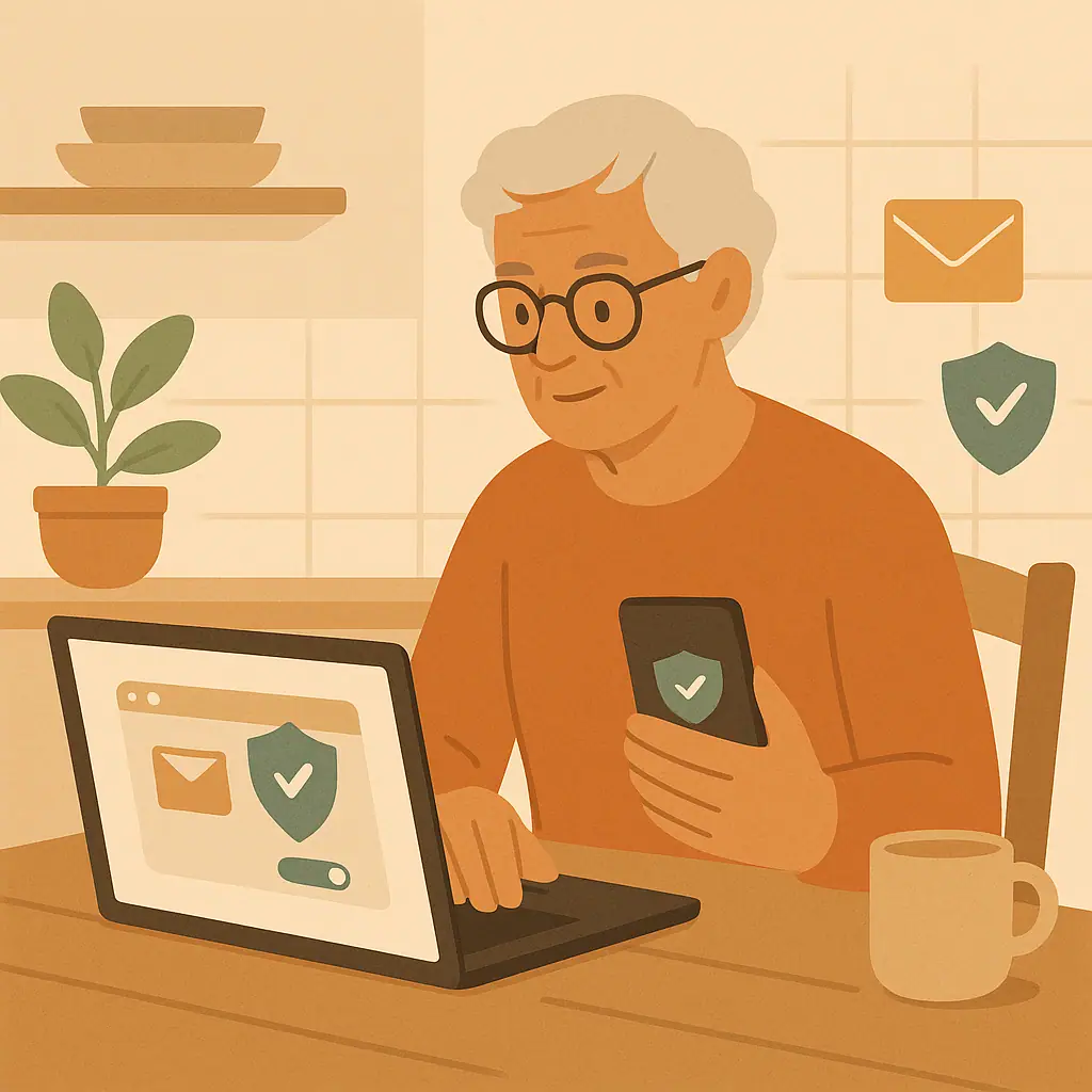 Older adult calmly adjusting email privacy settings to reduce tracking pixels on a laptop and phone.