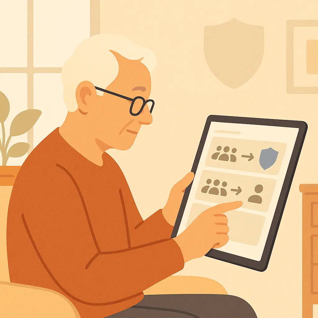Older adult calmly reviewing social media group privacy settings on a tablet.