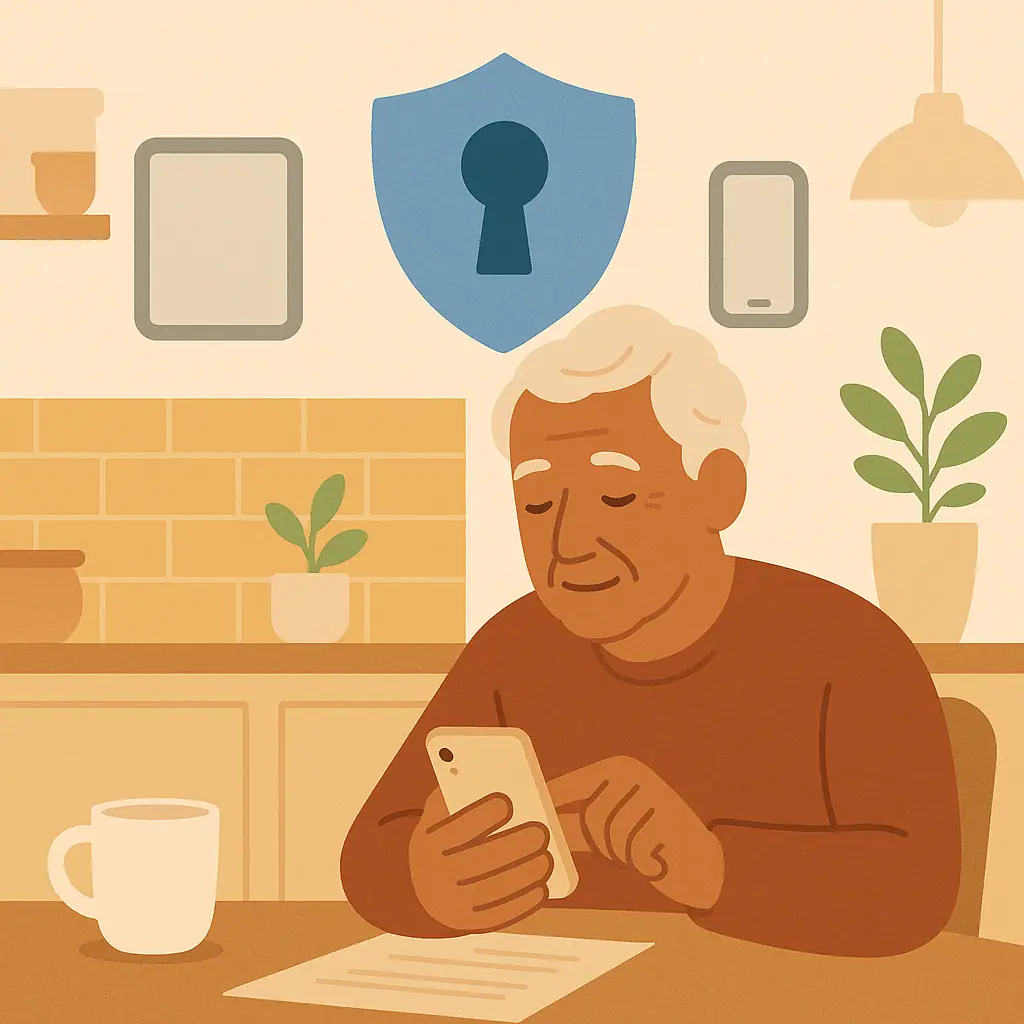 Older adult calmly reviewing account security settings on a smartphone.