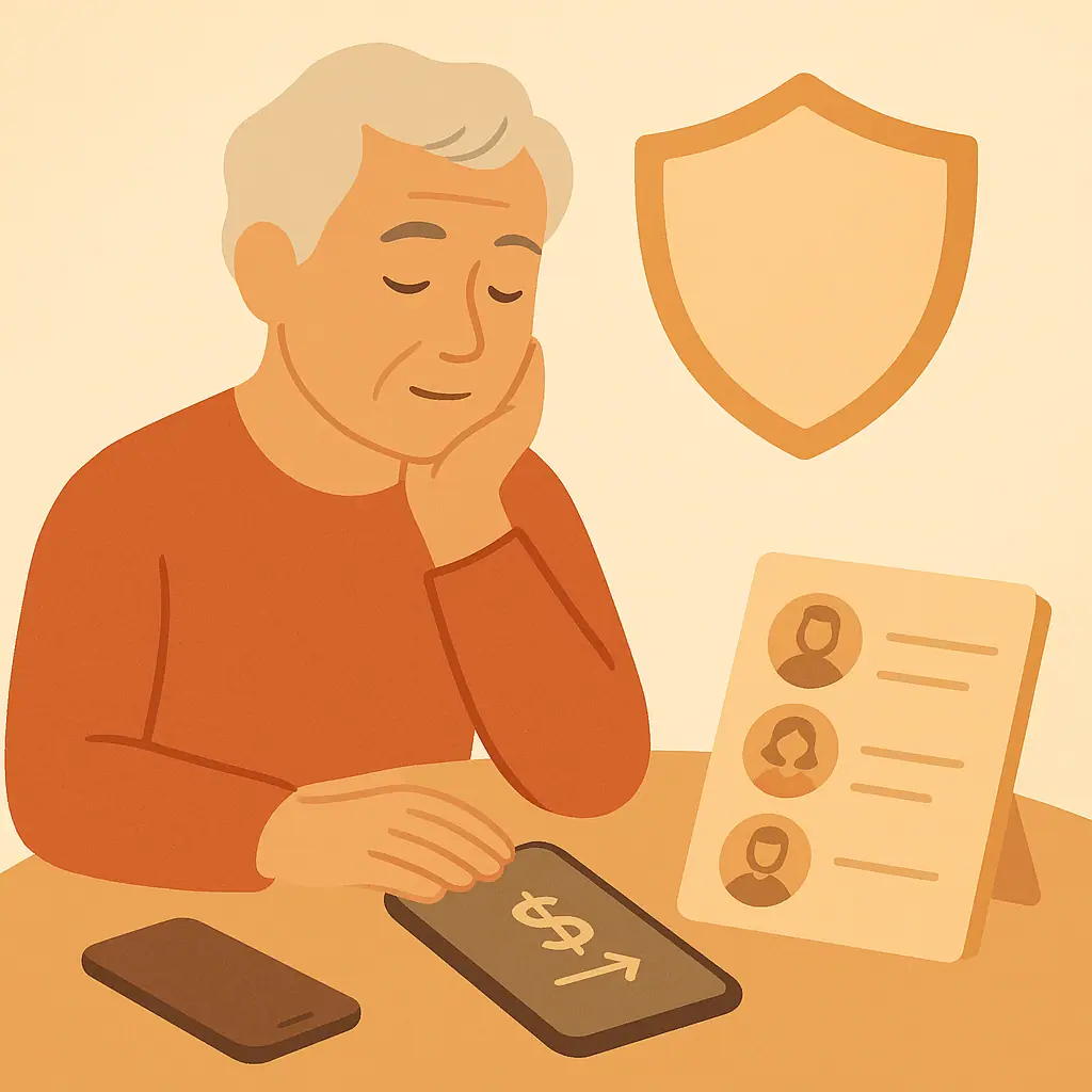 Older adult calmly pausing to verify a family emergency request before sending money.
