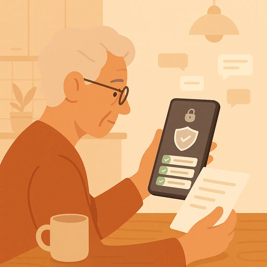 Older adult calmly reviewing lock screen privacy settings on a smartphone.