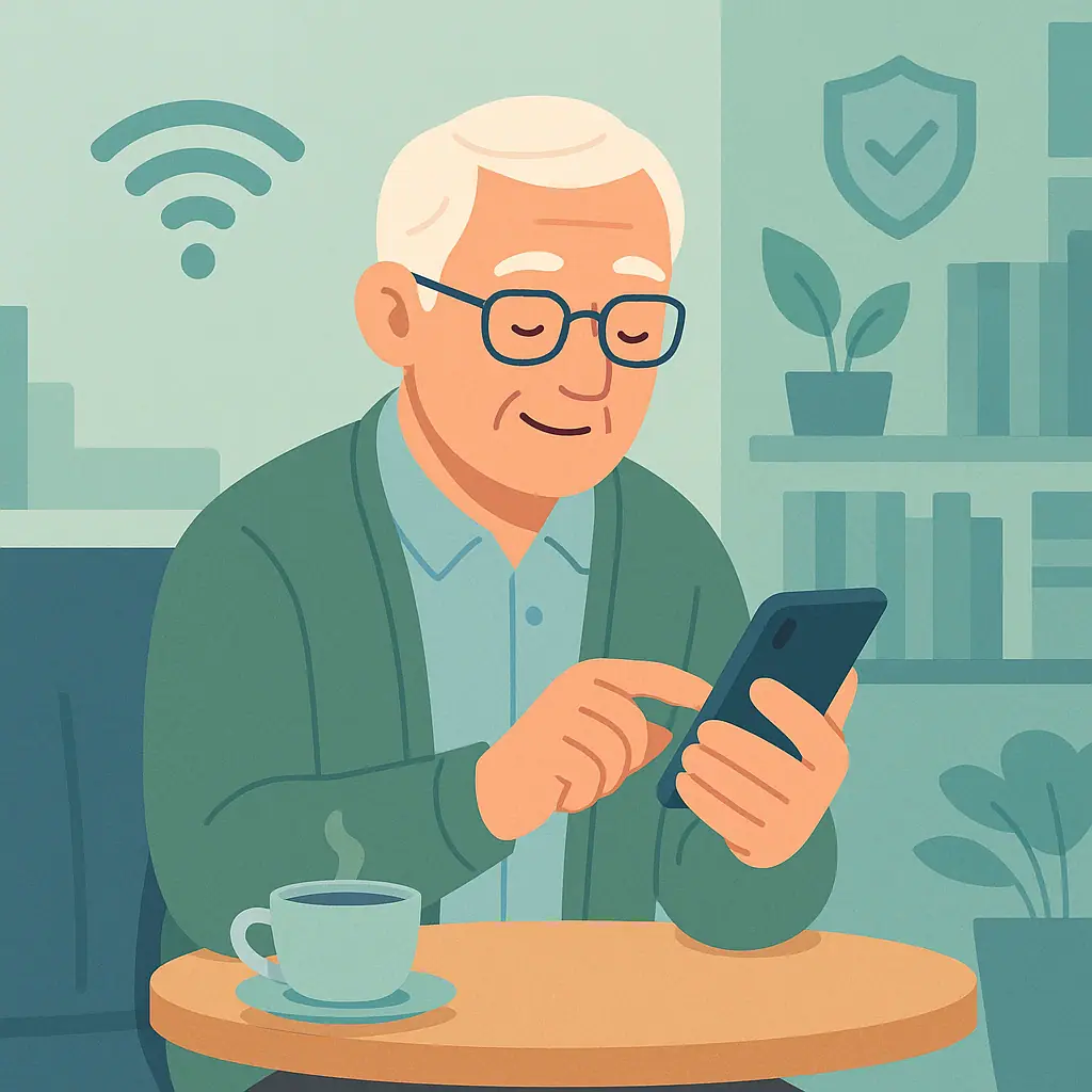 Older adult checking phone Wi-Fi settings in a public place.