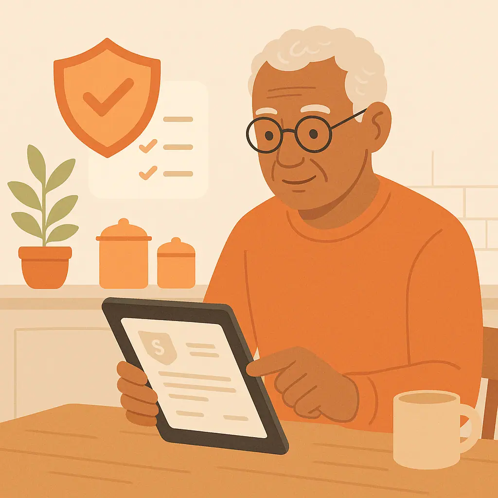 Older adult calmly reviewing a suspicious invoice email with a simple safety checklist nearby