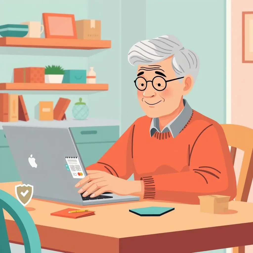 Older adult checking an unfamiliar online store before buying