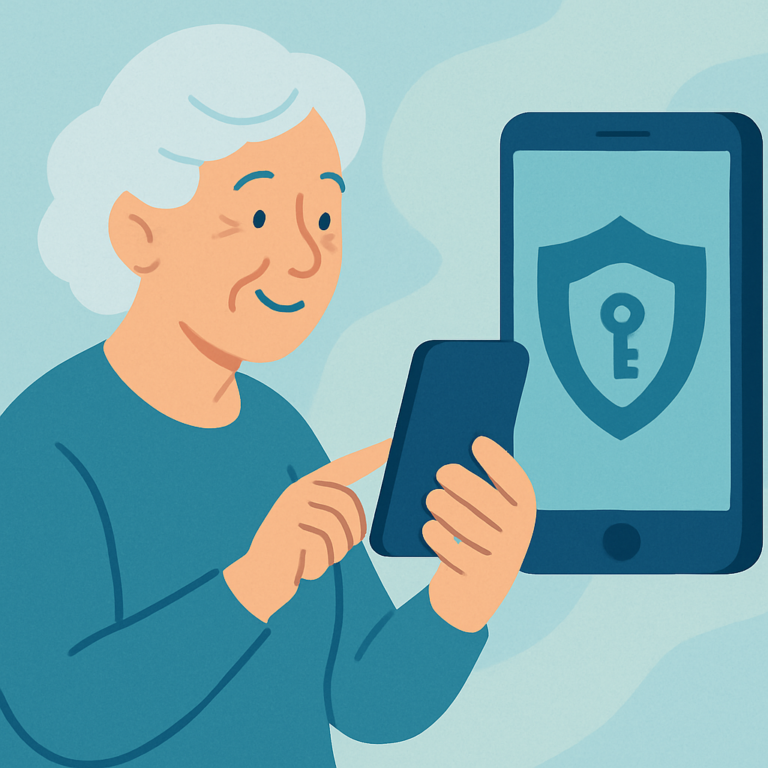 Senior using a phone passkey with a simple security shield illustration