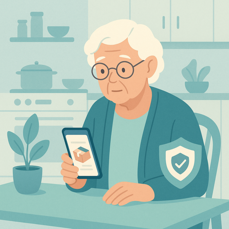 Senior reviewing a suspicious package delivery text with a security shield illustration