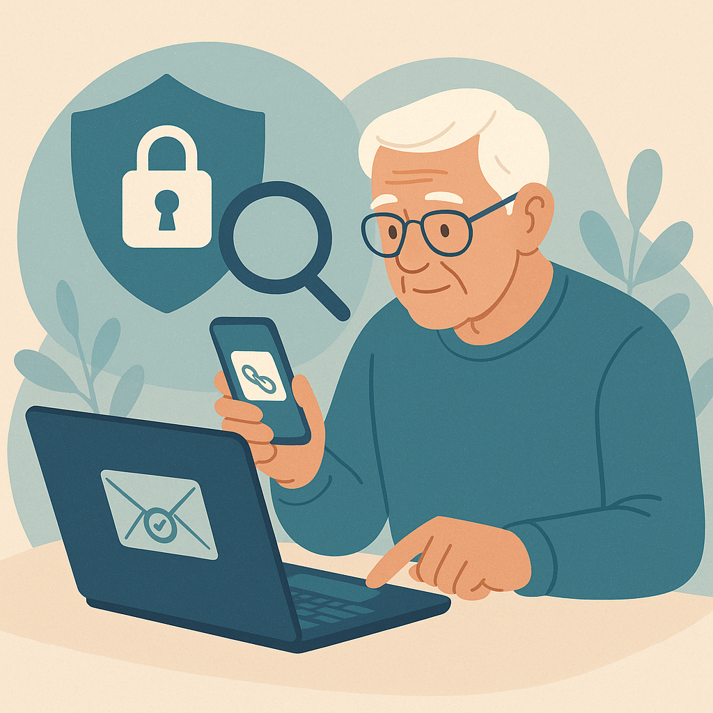 Senior checking whether an email link is safe before clicking