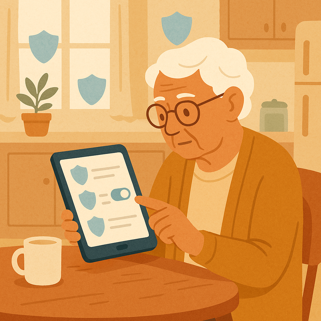 Older adult reviewing Facebook privacy settings on a tablet with gentle shield icons