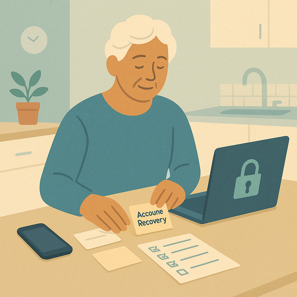 Older adult reviewing an account recovery checklist with a phone and laptop