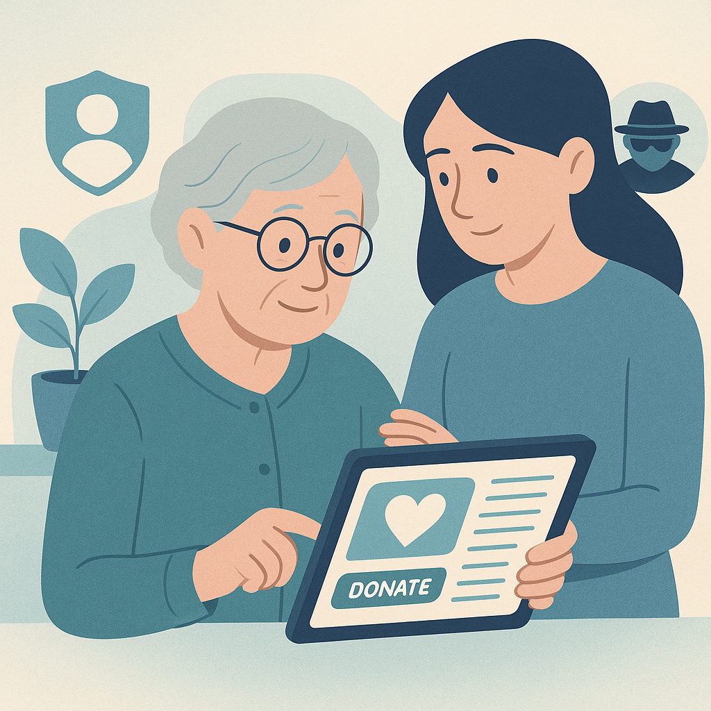 Older adult reviewing an online charity donation page safely with a trusted helper