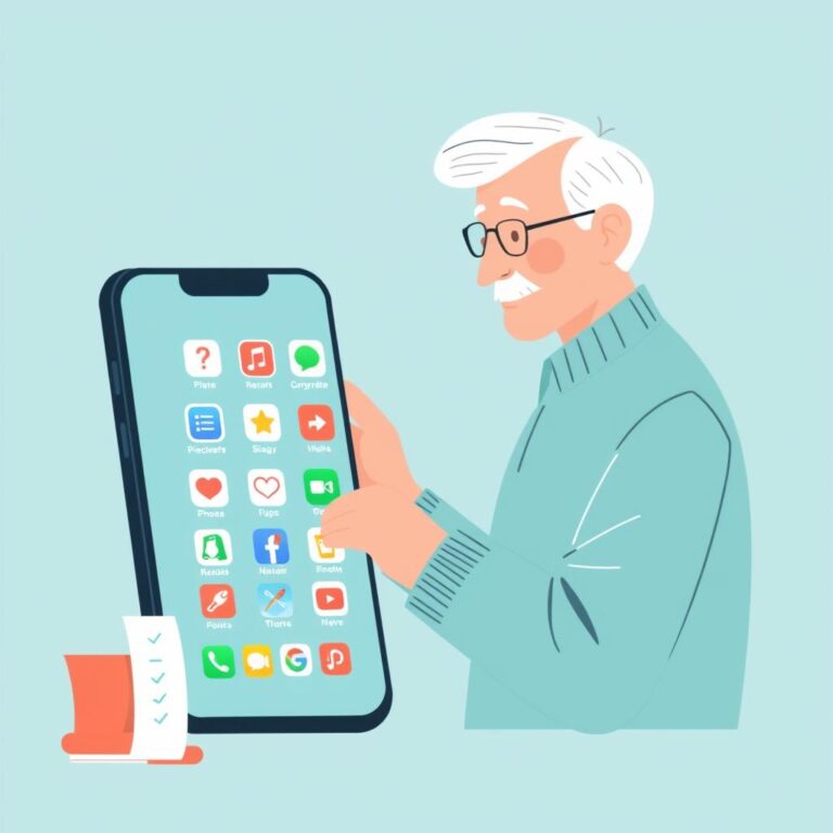 Older adult reviewing unused smartphone apps with a simple privacy checklist