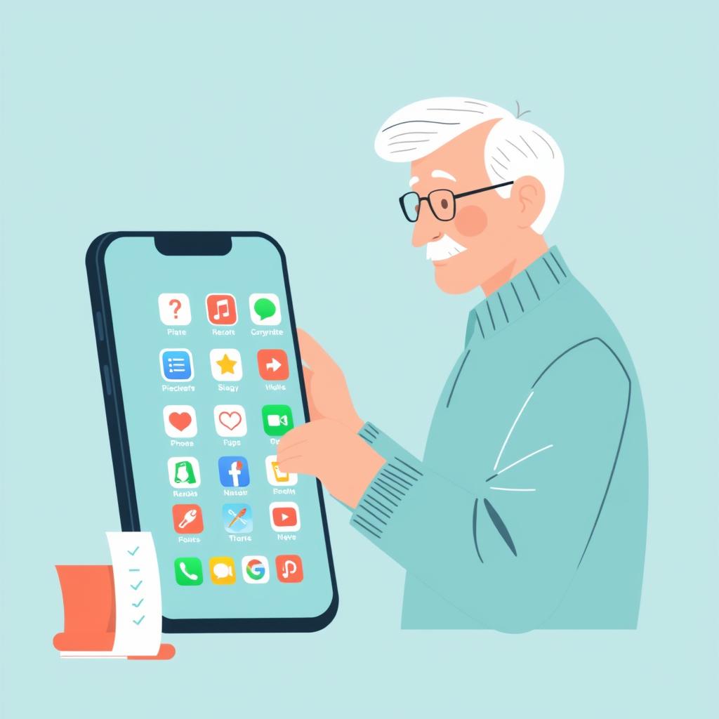 Older adult reviewing unused smartphone apps with a simple privacy checklist