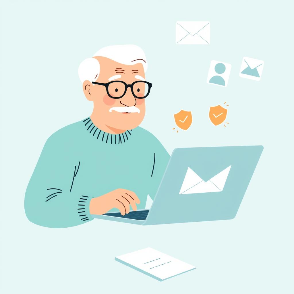 Older adult composing a group email with protected contact cards