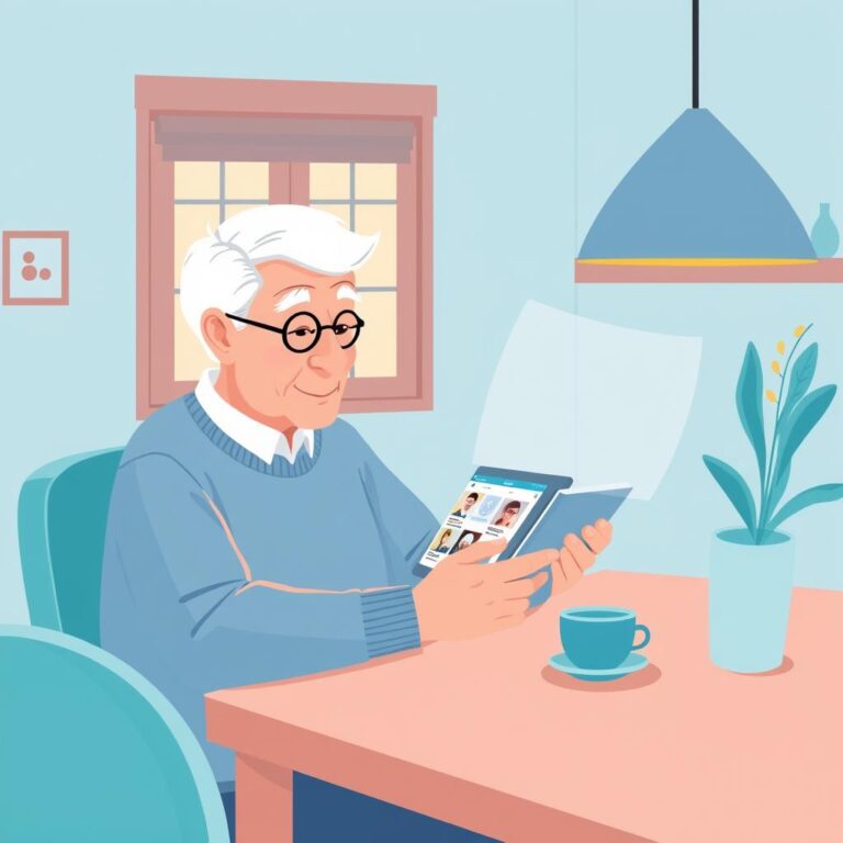 Older adult reviewing old social media posts with privacy controls