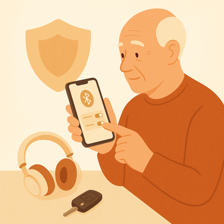 Older adult reviewing Bluetooth privacy settings on a smartphone