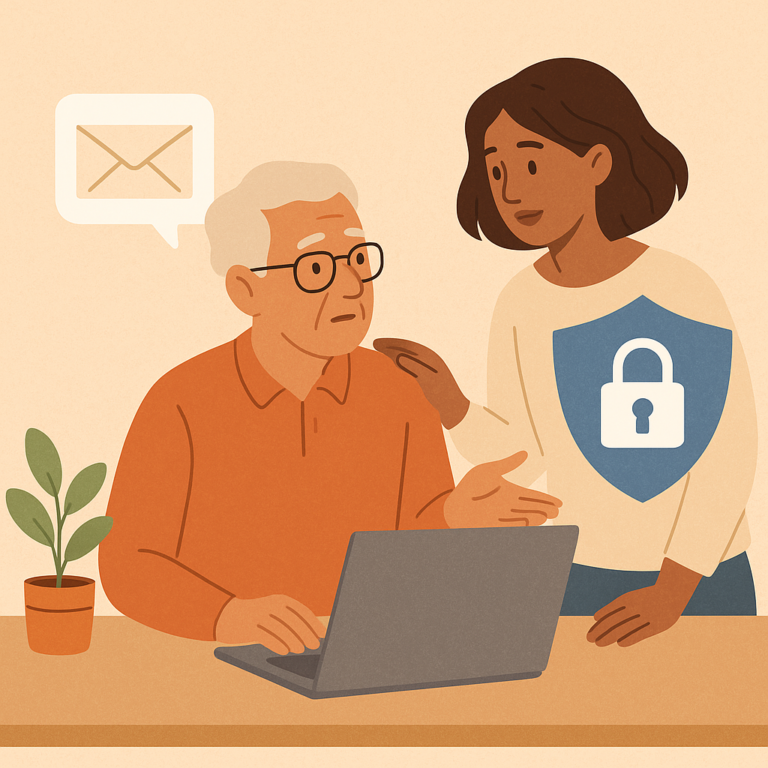 Older adult safely asking for help with a suspicious email