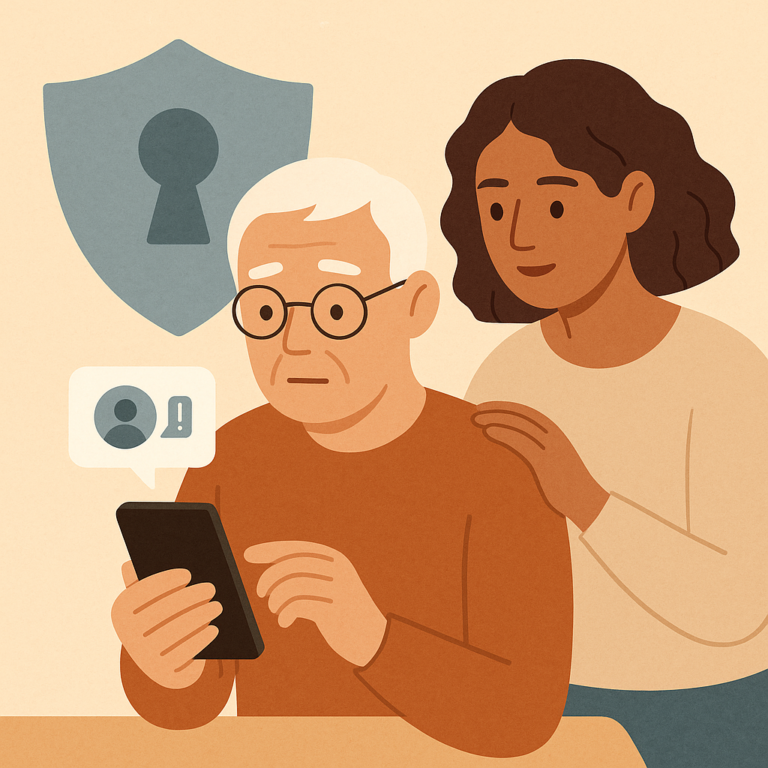 Older adult reviewing a suspicious social media message safely