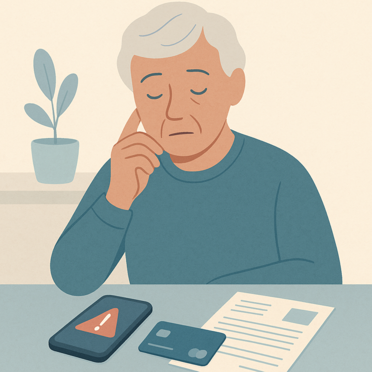 Older adult pausing before responding to a suspicious bank message