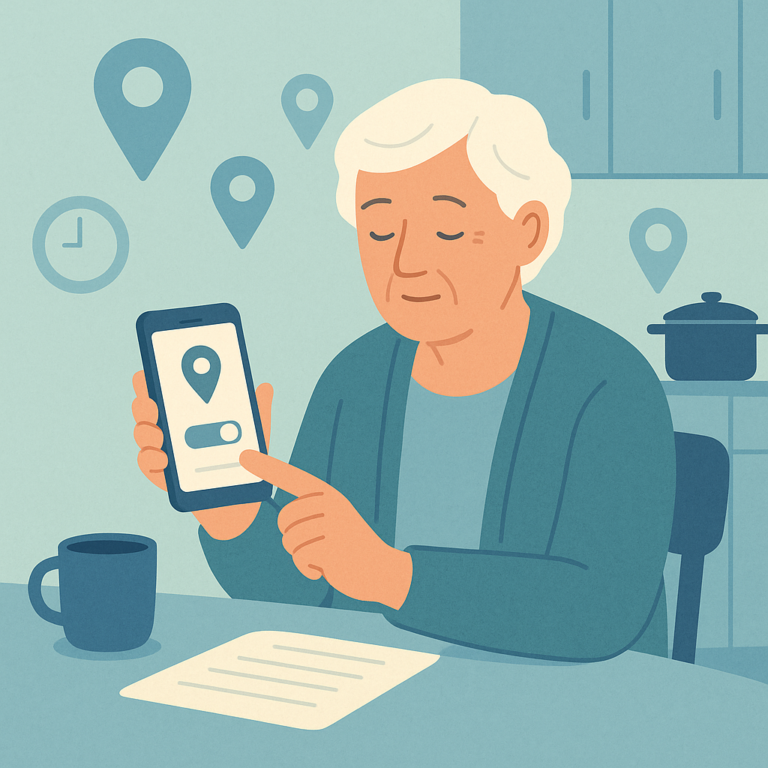 Older adult reviewing phone location privacy settings calmly