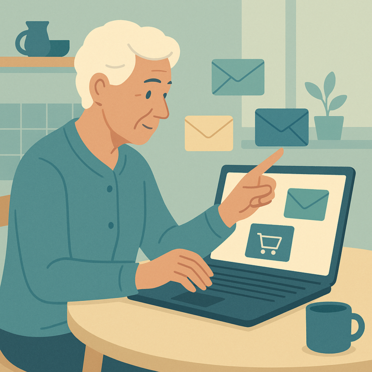 Older adult organizing a safer shopping email address on a laptop