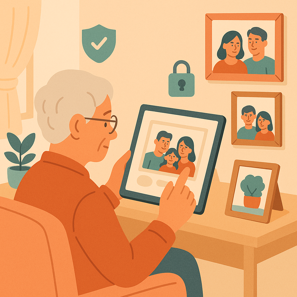 Older adult reviewing family photo privacy settings on a tablet