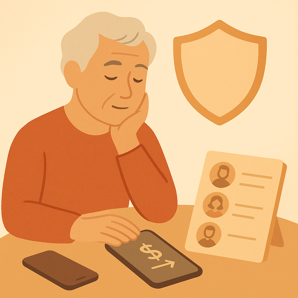 Older adult calmly pausing to verify a family emergency request before sending money.