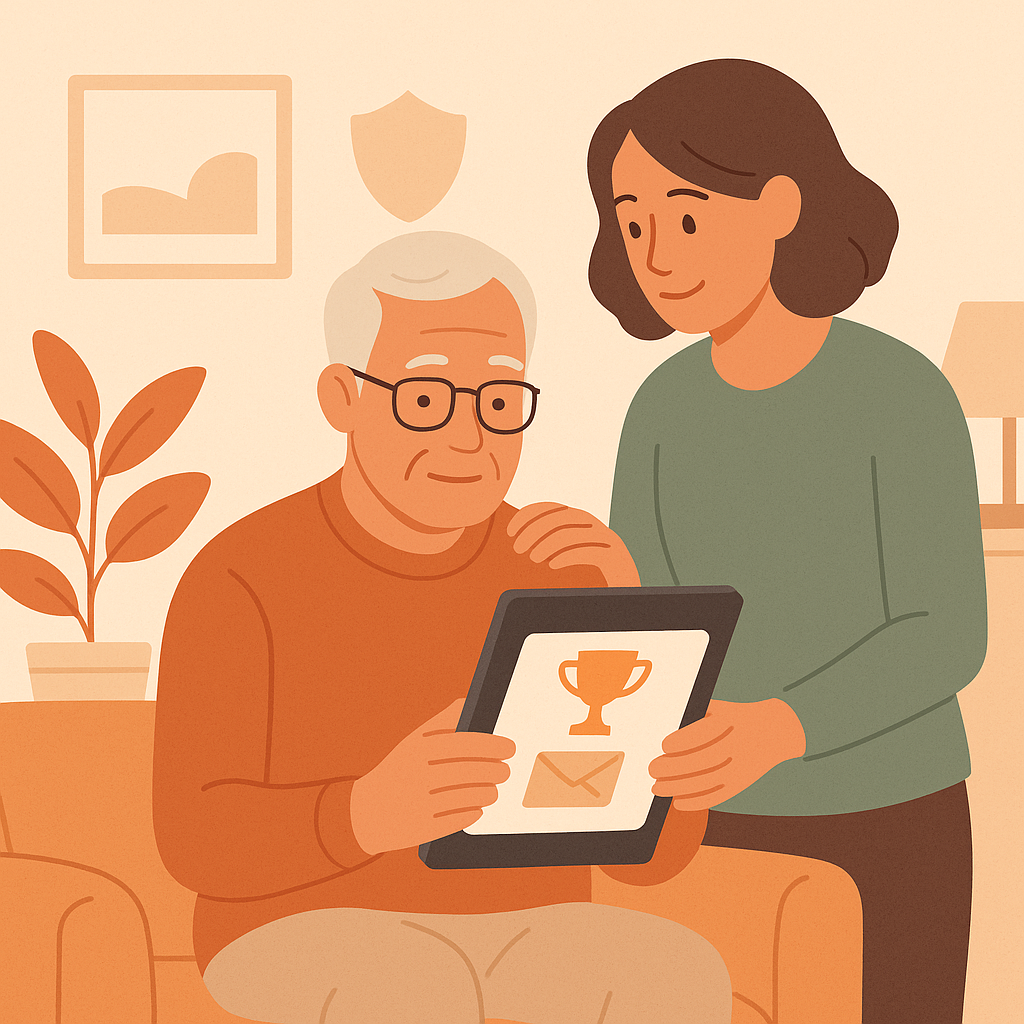 Older adult reviewing a prize notification carefully before responding.