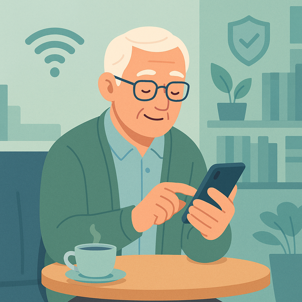 Older adult checking phone Wi-Fi settings in a public place.