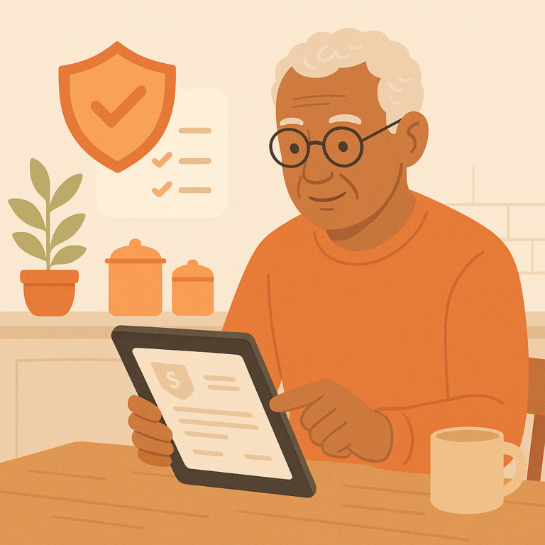 Older adult calmly reviewing a suspicious invoice email with a simple safety checklist nearby