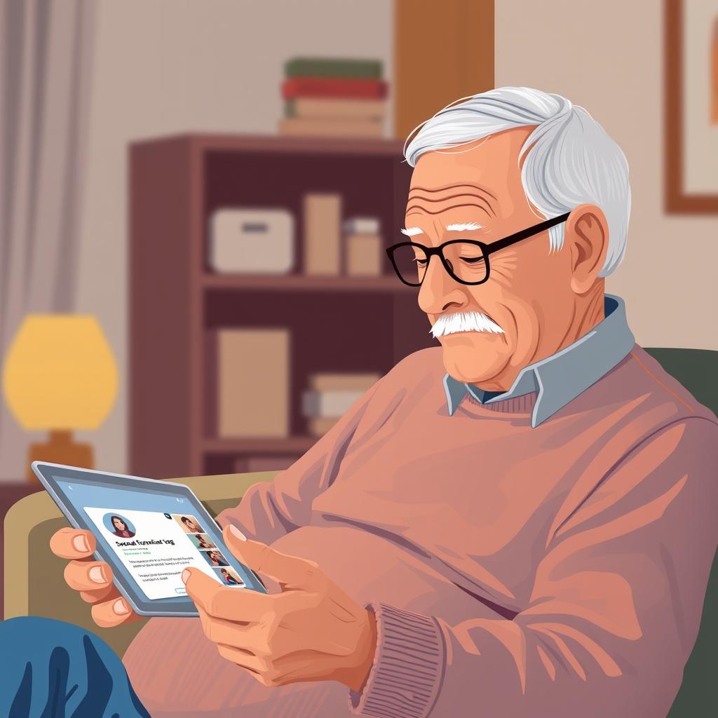 Older adult reviewing social media tag notifications on a tablet with a privacy shield nearby
