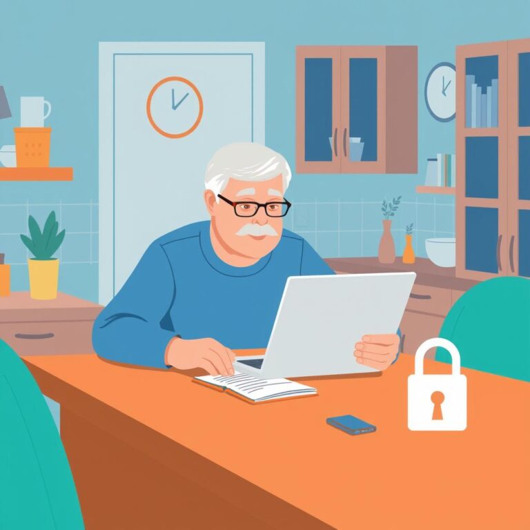 Older adult reviewing account recovery questions privately at home
