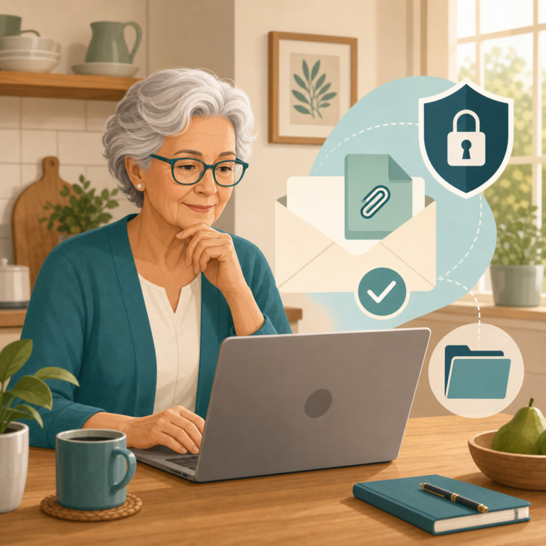 Older adult carefully reviewing an email attachment before opening it